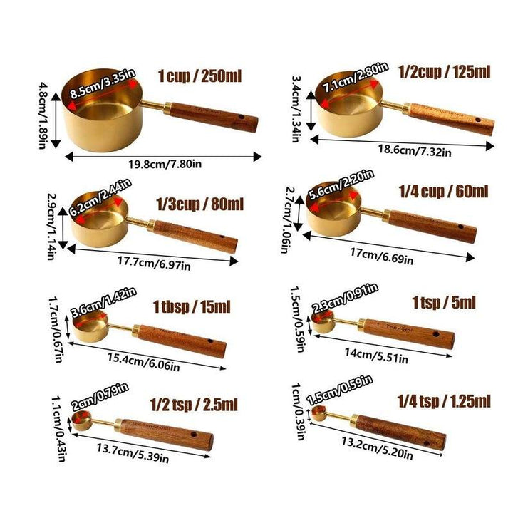 Measurement chart showing wood handle measuring cups and spoons with sizes in ml and inch