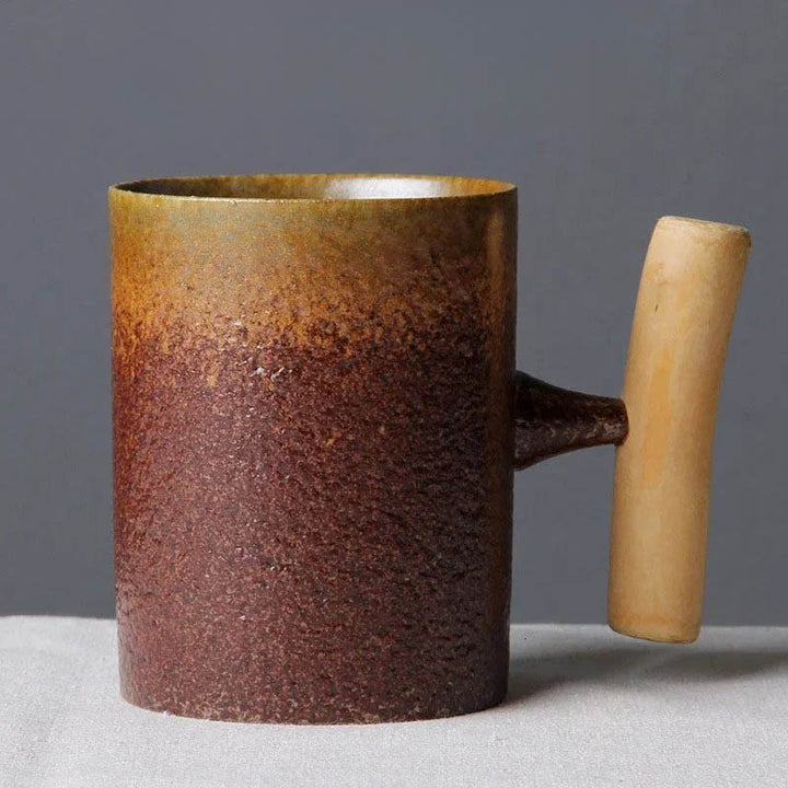 Tall ceramic mug with wooden handle in earthy brown tones, 300ml, Nordic-style design by Nordic Essentials UK